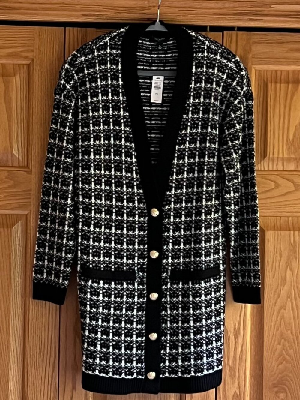 TALBOTS -- Texture Plaid Merino Wool Cardigan - Black/Ivory -- NEW with Tag